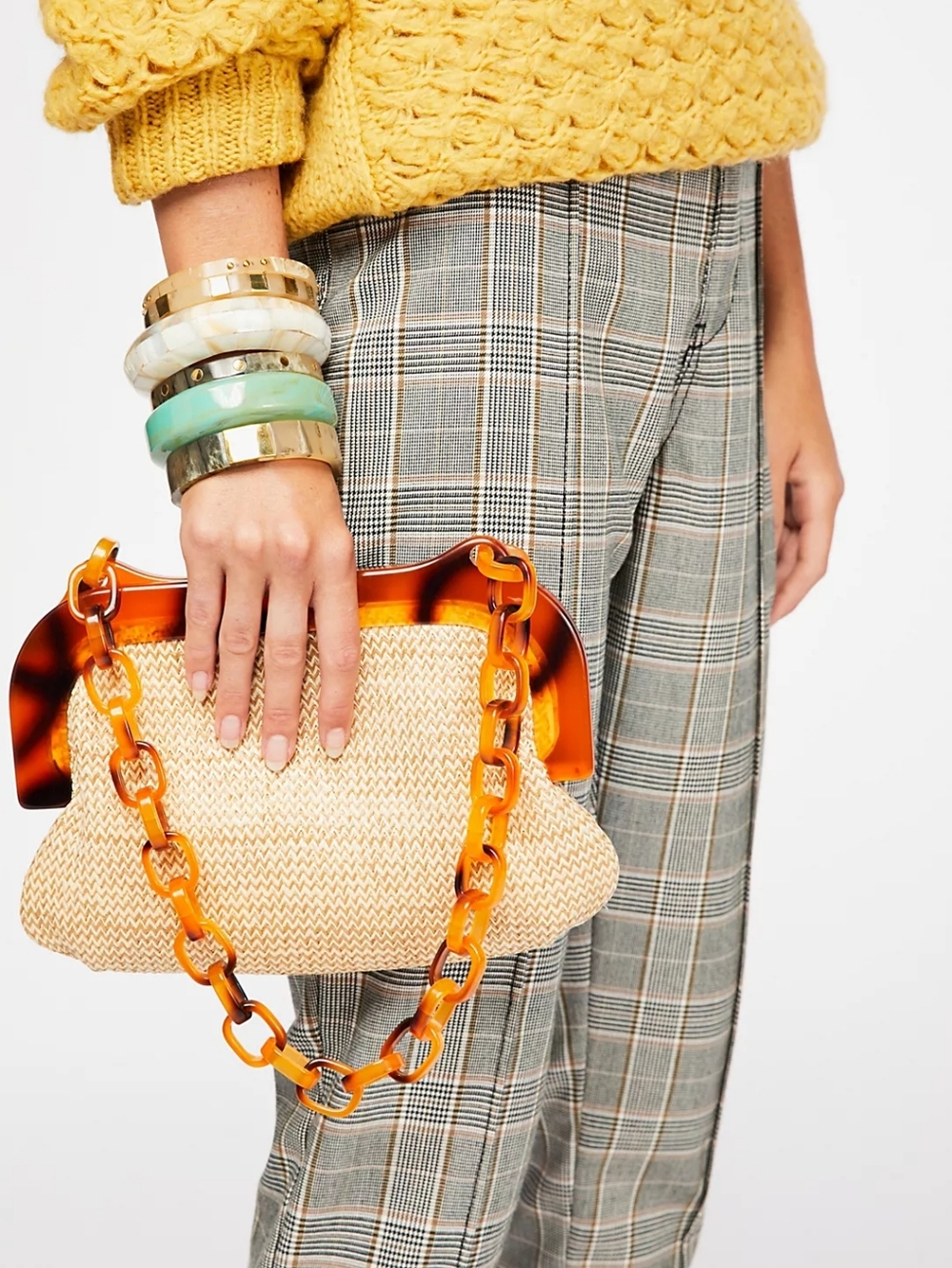 Free People Woven Straw Resin Chain Link Hand Bag